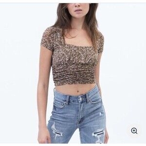Aeropostale Mesh Floral Top Women L Crop Square Neck Ruched Tee Y2K Festival